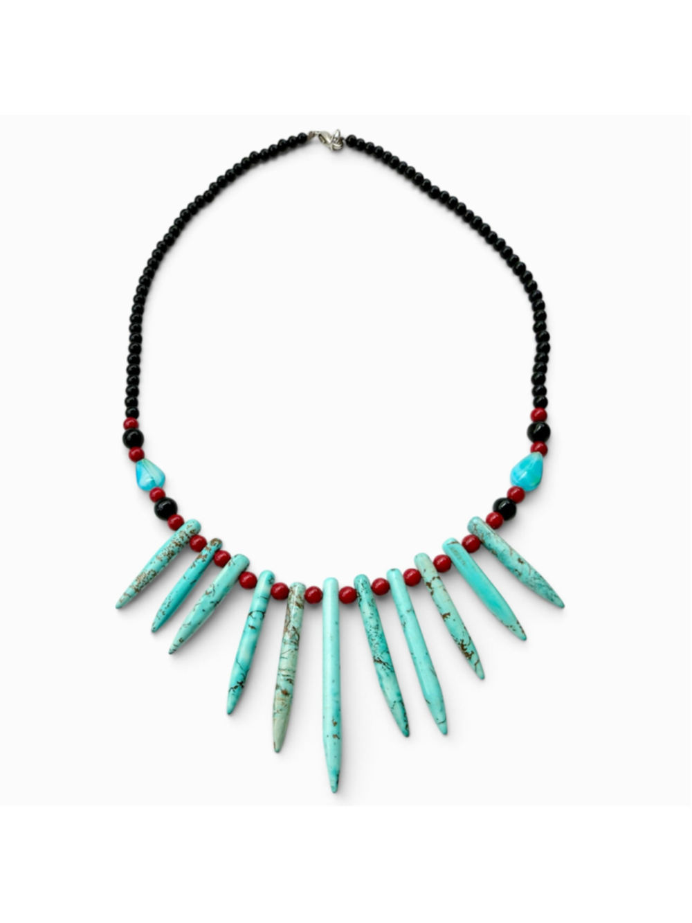 Native American Turquoise Necklace, Turquoise Spike Necklace, Red Coral Black